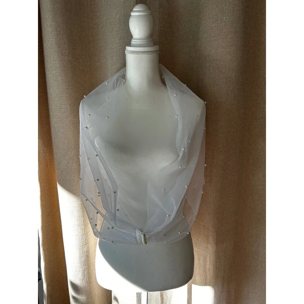 White Tulle Pearl Bridal Shrug Wedding Wrap Capelet Off Shoulder Bolero